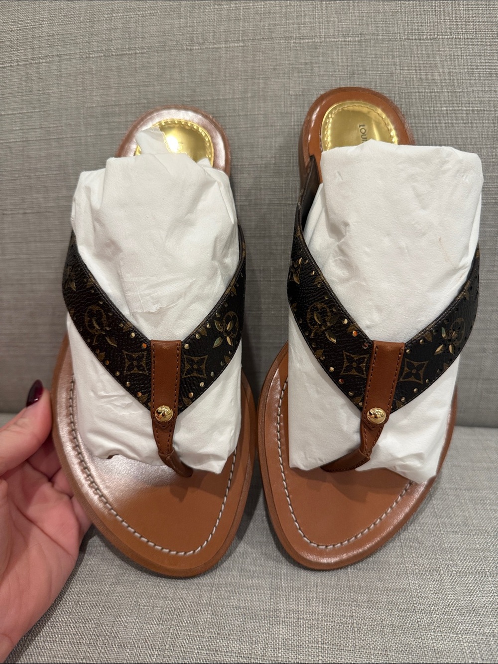 Louis Vuitton Sunny Brown Monogram Thong Sandals with Gold Accents - Picture 4 of 8